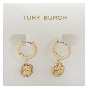 TORY BURCH MILLER GOLDTONE & PAVE CRYSTAL DROP HUGGIE HOOP EARRINGS